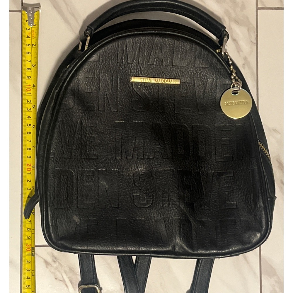 Steve Madden Small Backpack Embossed Logo Black & Gold Faux Leather Womens Bag - Picture 13 of 16